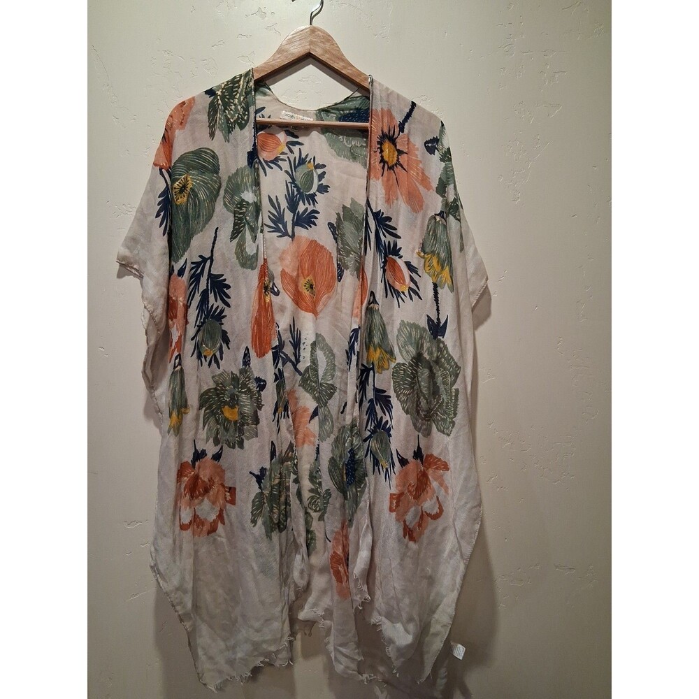 Woven Heart One Size Oversized Fit Oat Metallic Floral Open Kimono Raw Edge Boho
